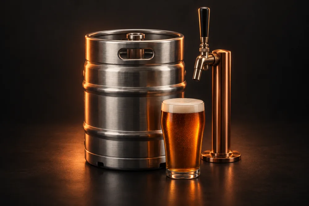 A keg, draft faucet and glass of amber beer